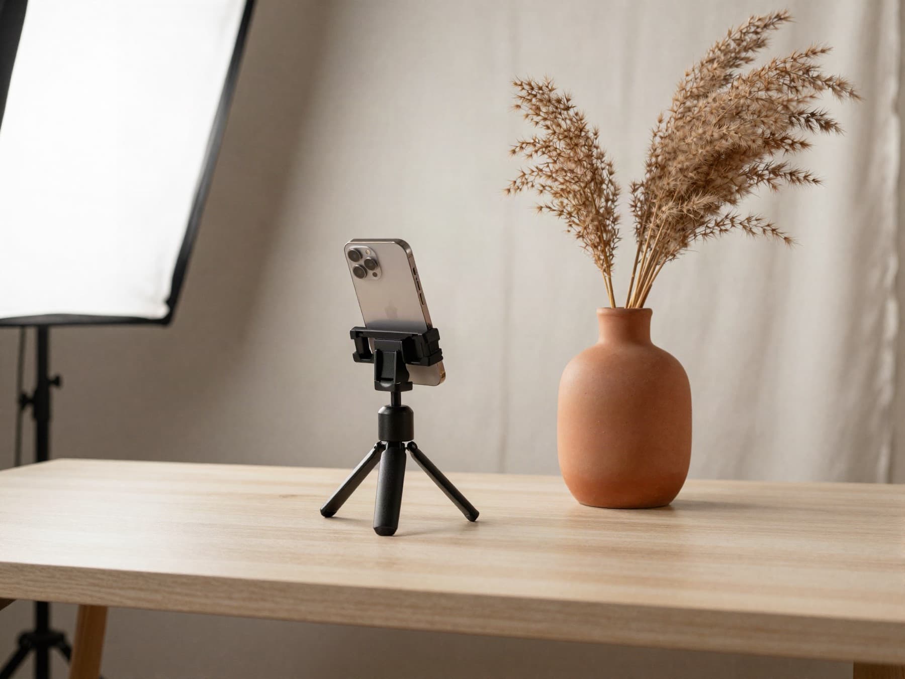 A tasteful creator desk setup with softbox light and tripod